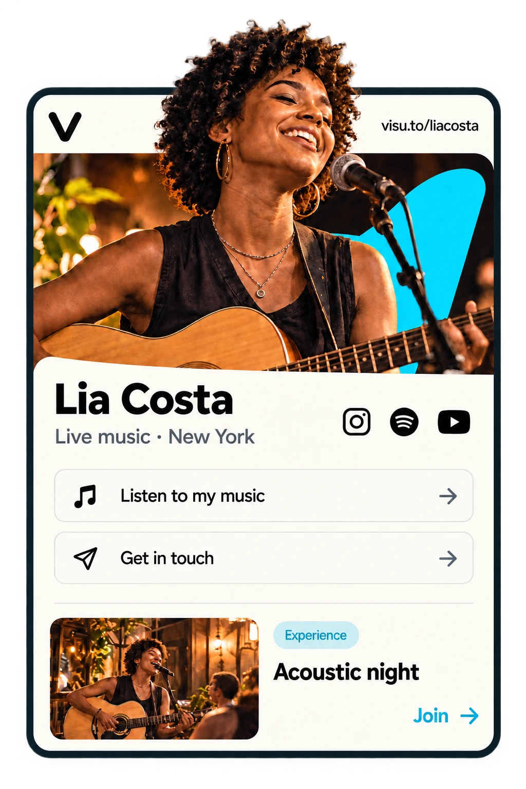 Illustrated profile of Lia Costa. Fictional example.