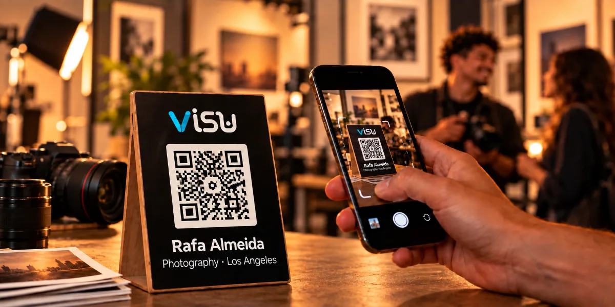 Illustrative counter scene with the VISU brand and a QR code.