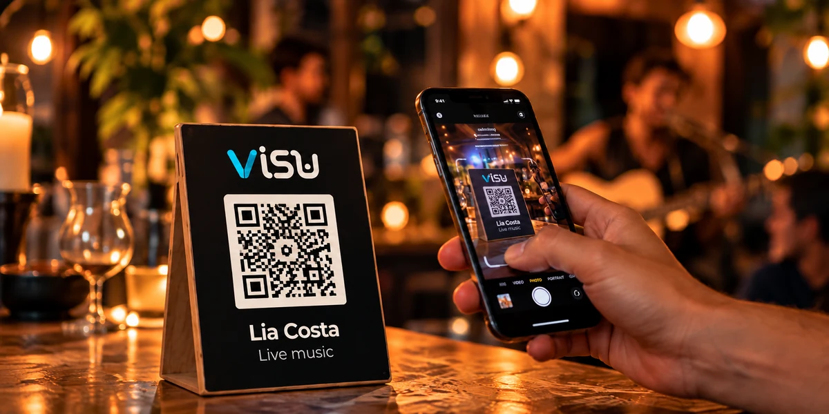 Illustrative counter scene with the VISU brand and a QR code.