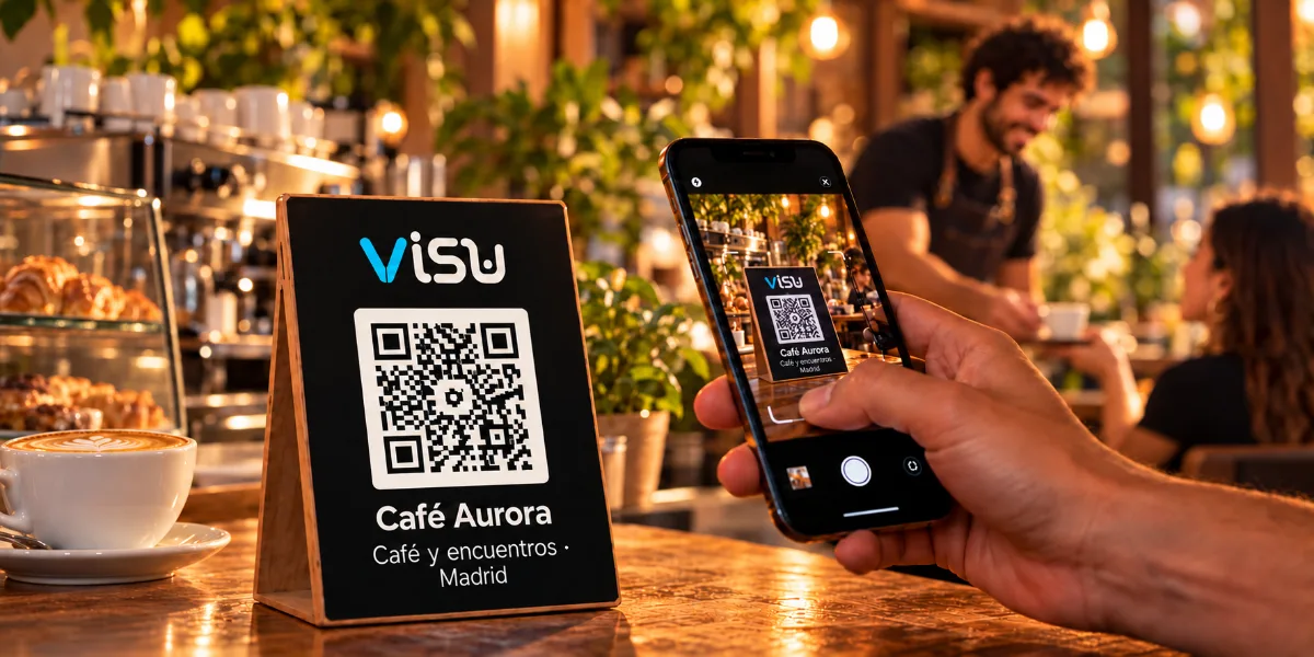 Escena ilustrativa de un mostrador con la marca VISU y un código QR.