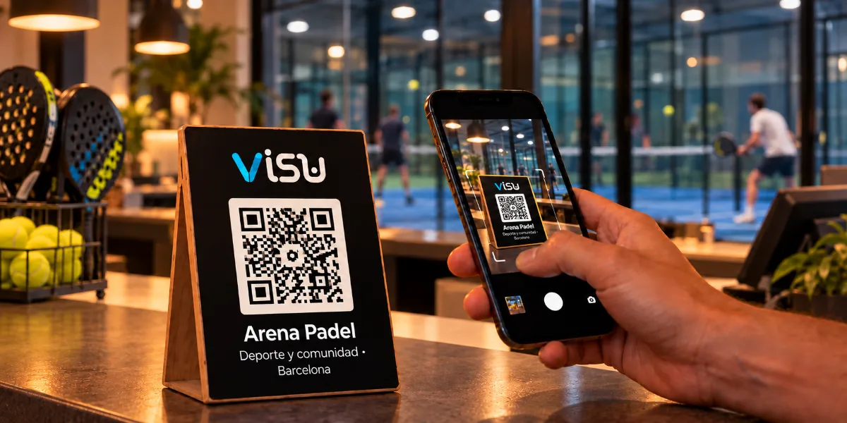Escena ilustrativa de un mostrador con la marca VISU y un código QR.