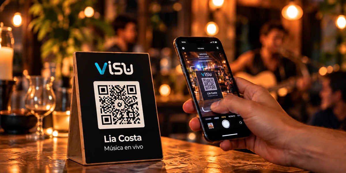 Escena ilustrativa de un mostrador con la marca VISU y un código QR.