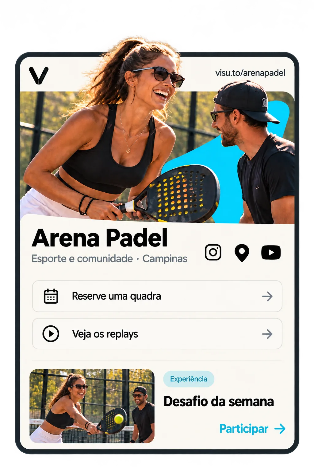 Perfil ilustrativo de Arena Padel. Exemplo fictício.