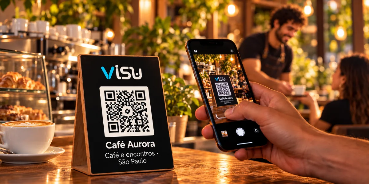 Cena ilustrativa de um balcão com a marca VISU e um código QR.