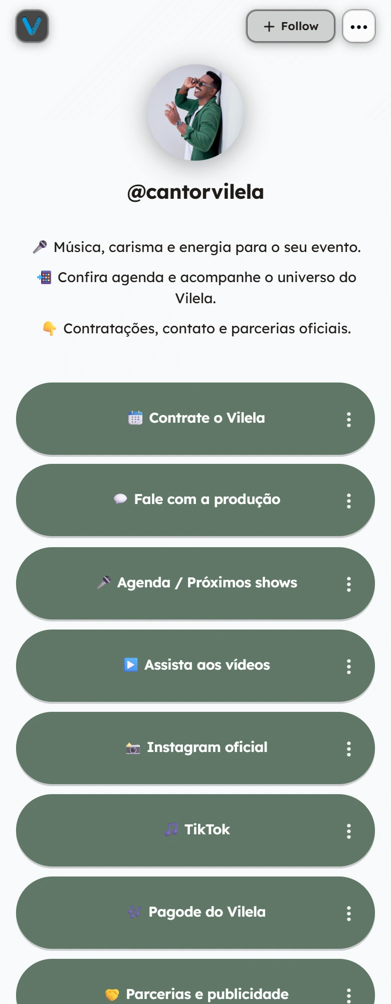 Captura do VISU Link do Cantor Vilela, com links de contratação, contato e redes sociais.
