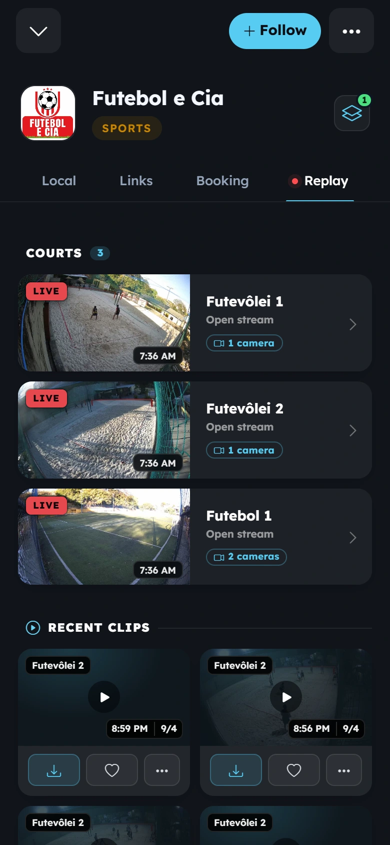 Captura do VISU Replay com quadras e clipes recentes do Futebol e Cia.