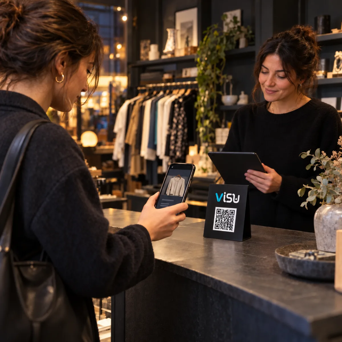 Customer scanning a VISU QR code at a shop counter