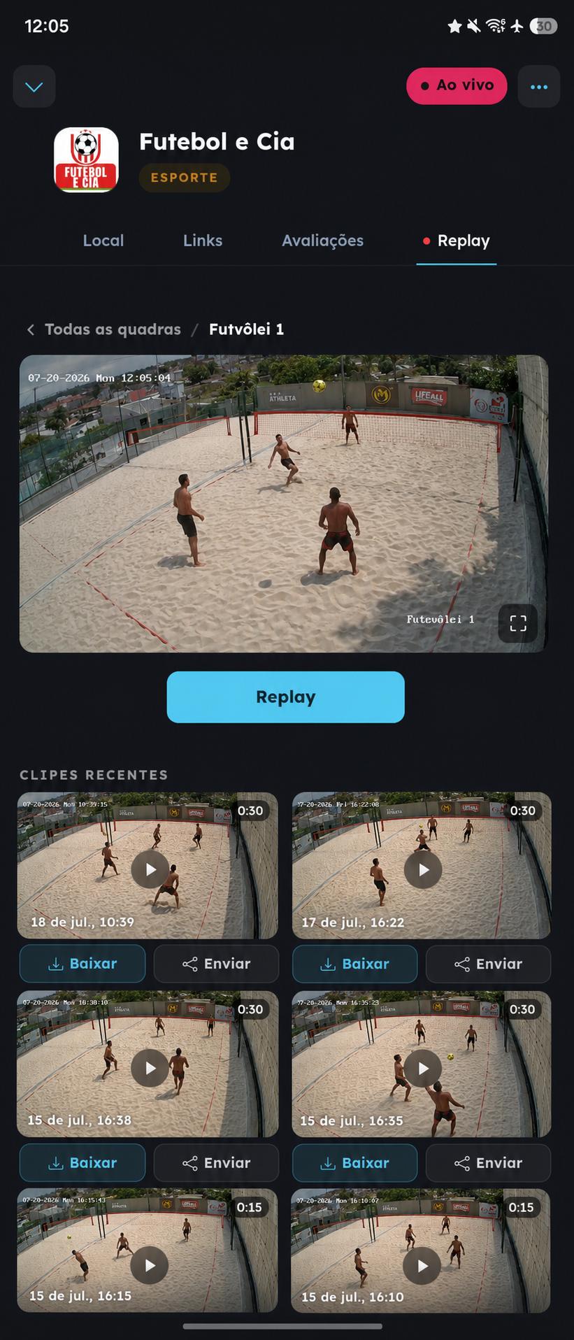 Futebol e Cia profile in the VISU app: live court and recent clips