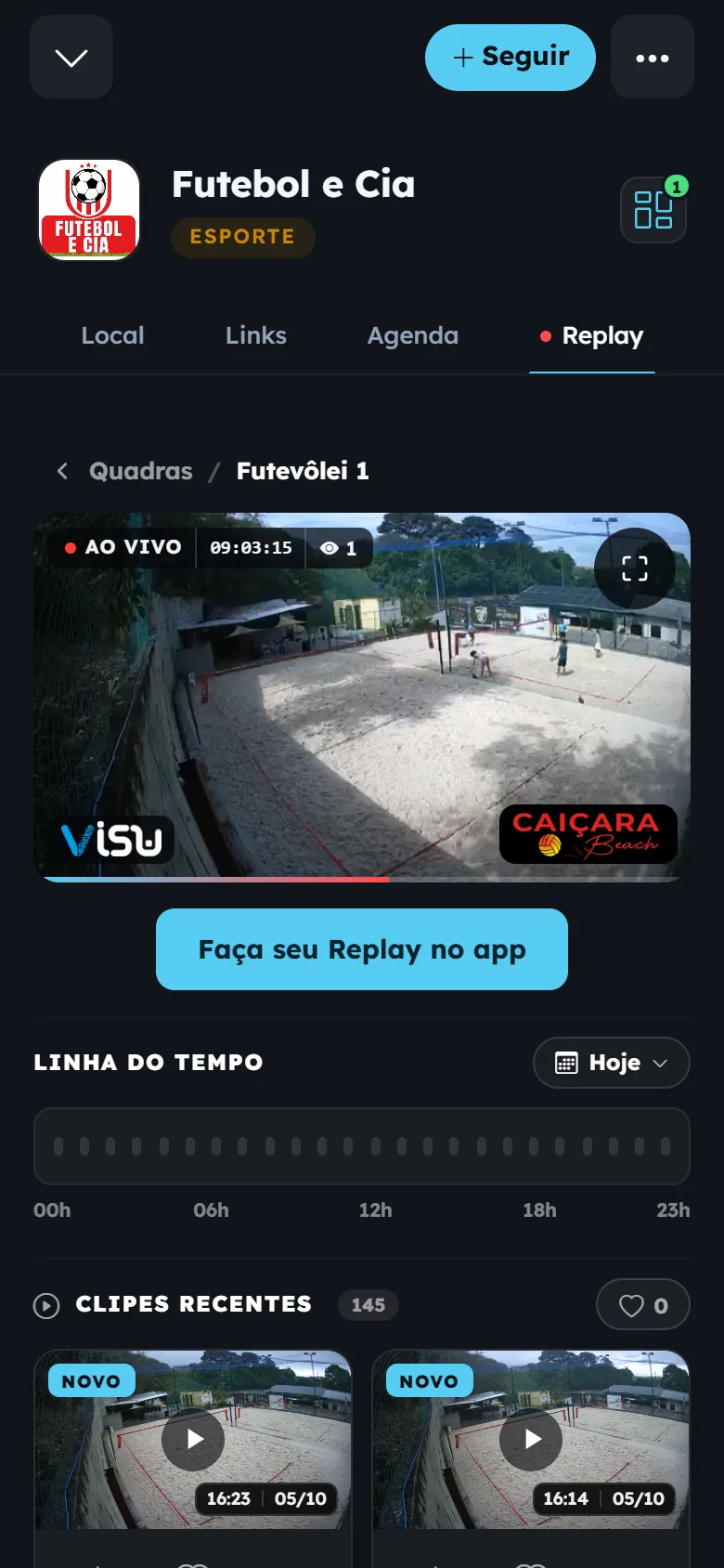 Clipes reais de quadra parceira no app VISU
